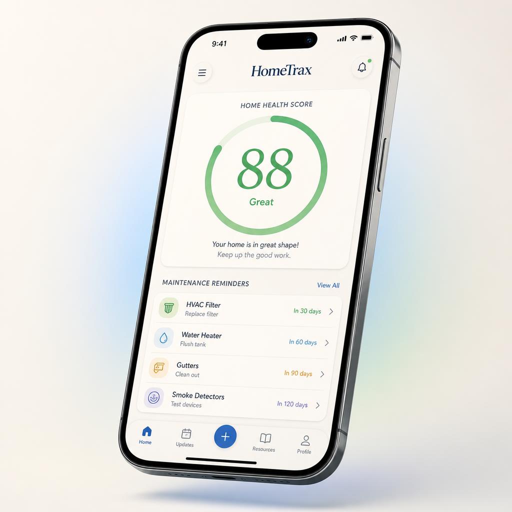HomeTrax app showing a Home Health Score of 88 with maintenance reminders